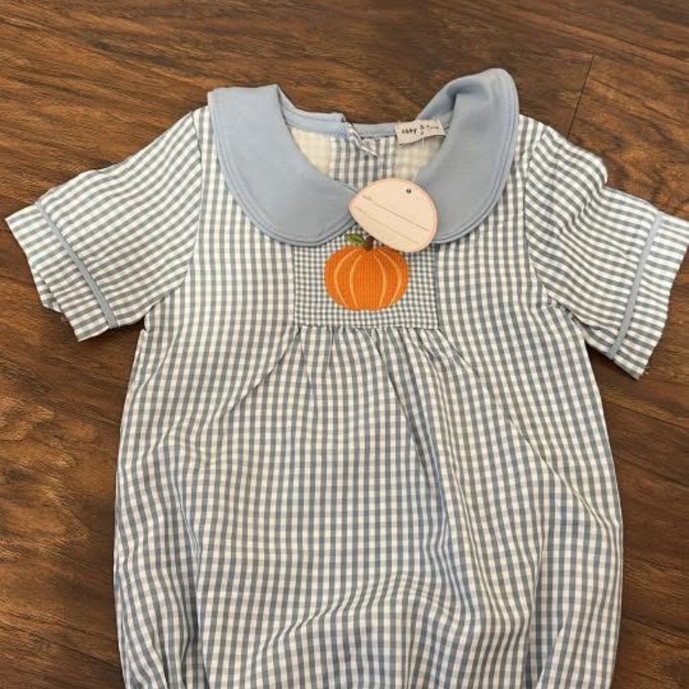 Blue Gingham Pumpkin Appliqué Baby One-Piece Bodysuit